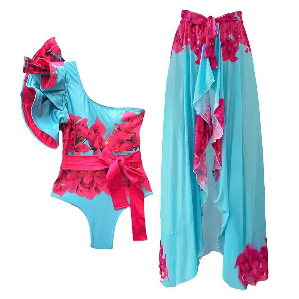 Ashgaily 2024 Ruff One Piece Swimsuit Women Swimwear with Belt Push Up Monokini Swim Suit Print Bathing Suit BeachwearXJ240108