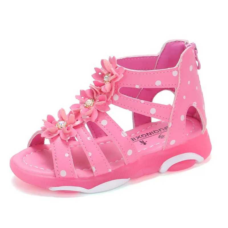 Cute Girl Beach Sandals Flower Pearl Dot Childrens Roman Gladiator Zipper Princess Shoes Soft Leather Sweet Flat 21-36 W250108