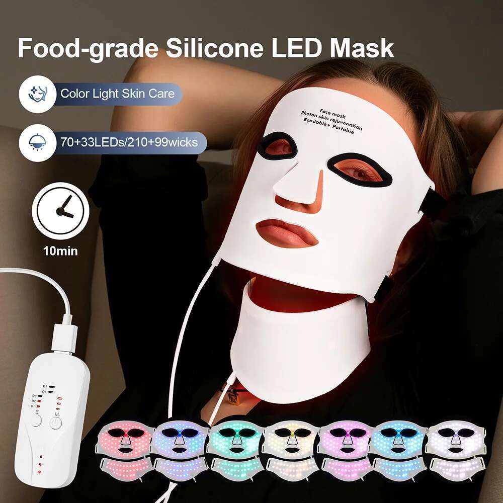 Silicone Face With Neck 7 Colors LED Photon Red Light Infrared Therapy Flexible Facial Mask Repair Skin Wireless Use