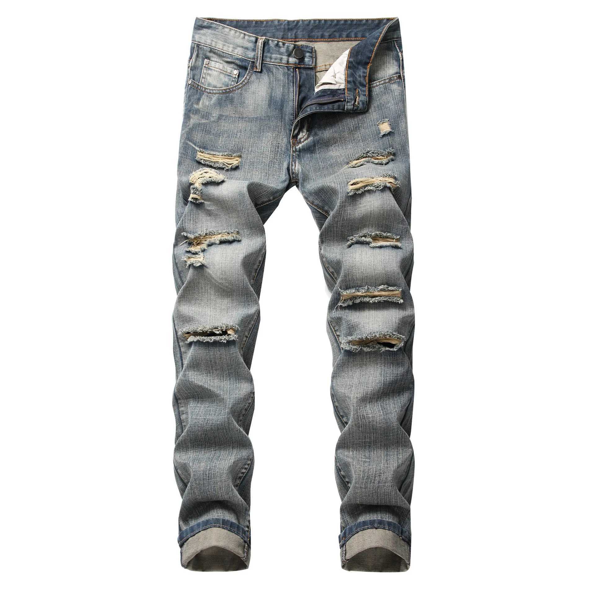 Mens open top jeans straight thin elastic sleeveless Trouser autumn streetwear mens plus size jeans M250109