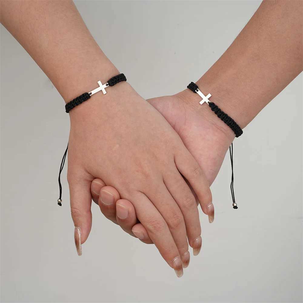 Tren Black White Cross Bracelets for Women Men Faith Btism Couple Gift Silver Color Rope Chain Matching Bracelets JewelryXJ250109