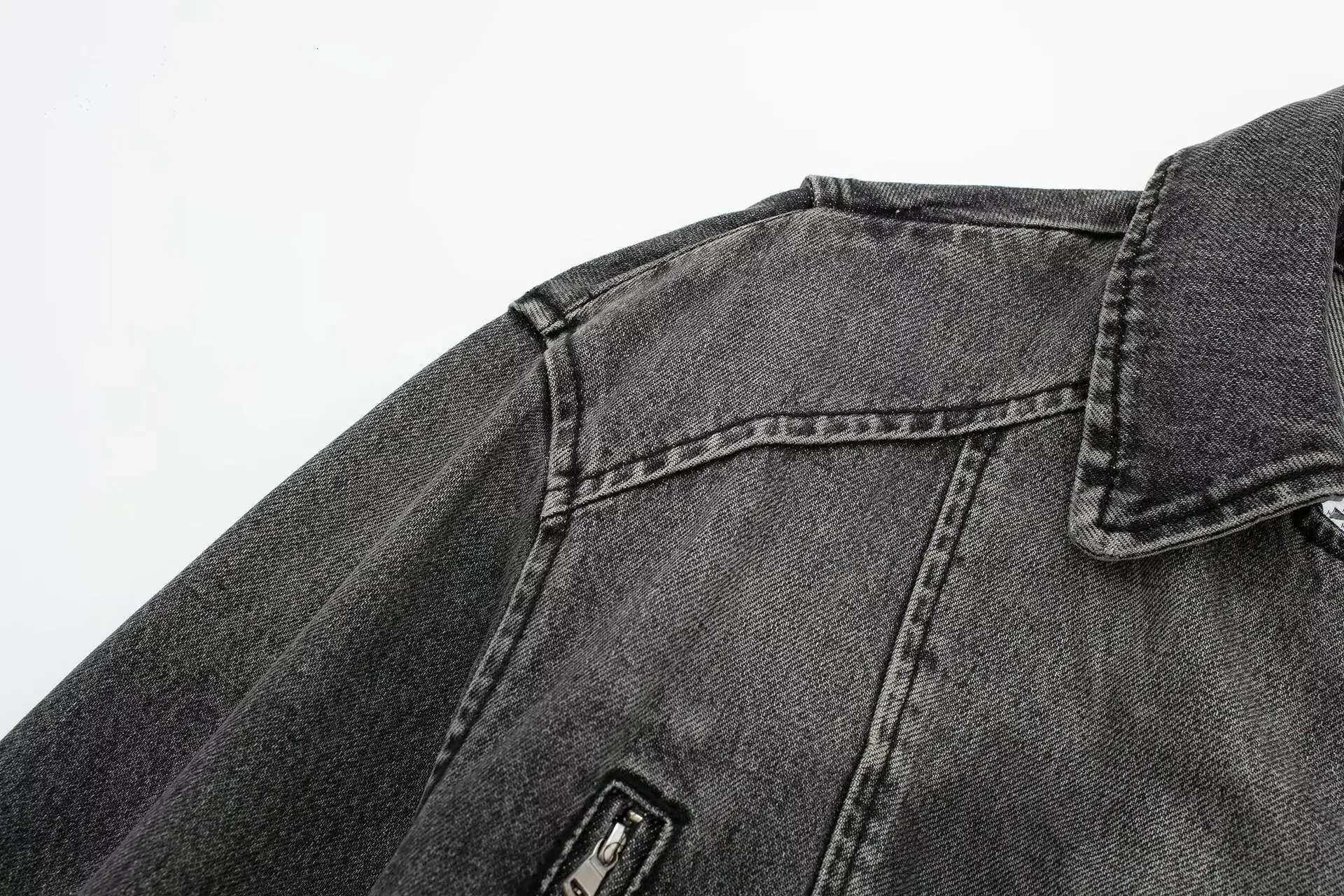 Autumn New Borderless Women's Fashion Motorcycle Greywashing Lapel Denim Jacket European And American Style Clothing