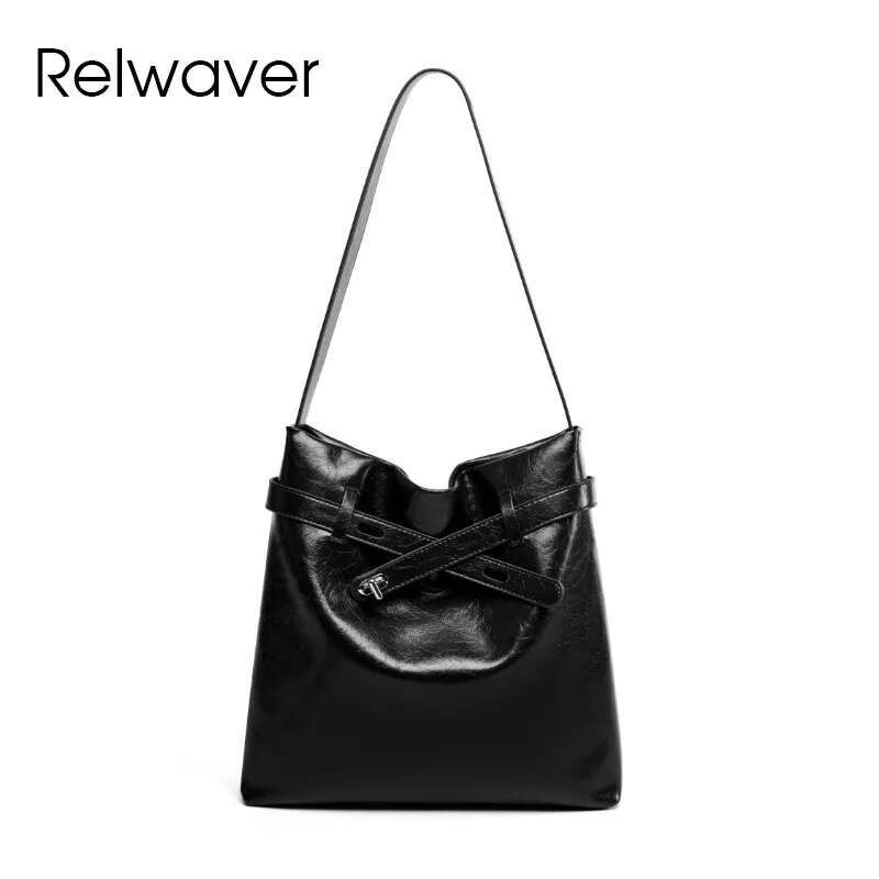 Relwaver Shoulder Cowhide Split Leather Bucket 2025 Spring Summer Big Women Handbag Commuting Ladies Bag