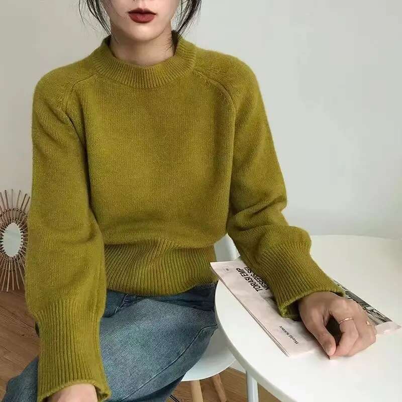 Vintag Fashion Autumn Winter Sweaters Women's O-Neck Solid Korean Lazy Wind All-Match Long Sleeve Loose Pullovers Knitted Tops