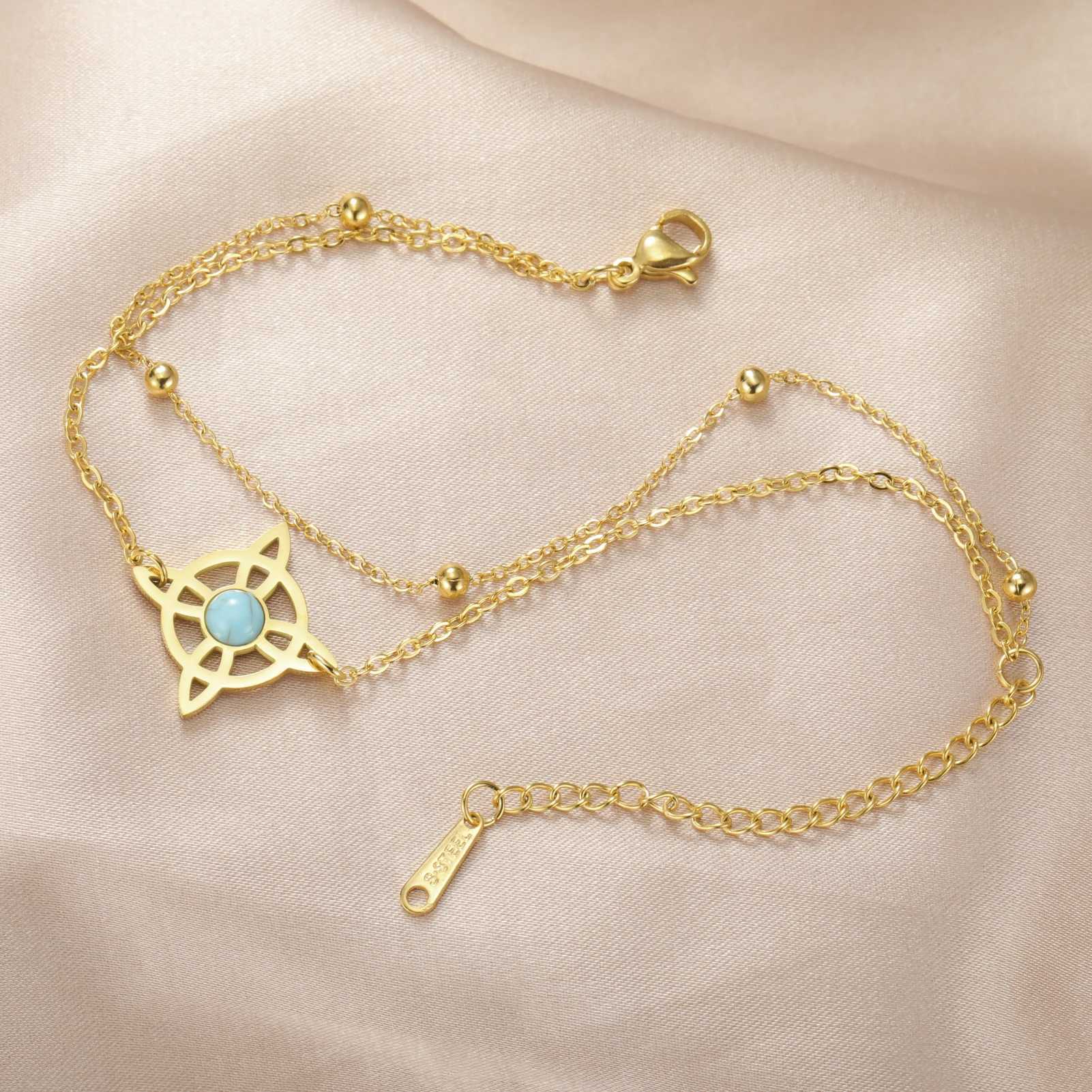 Blue Stone Witch Knot Womens Bracelet Stainl Steel Witch Knot Celtic Knot Double Chain Jewelry Christmas Jewelry GiftXJ250109
