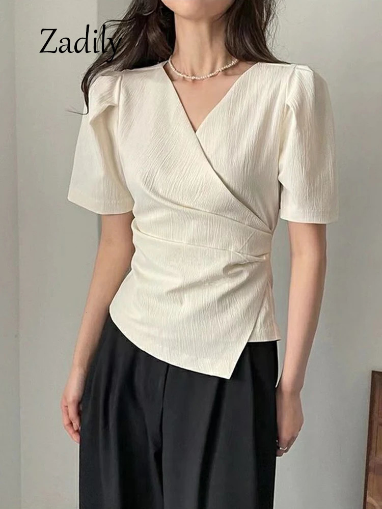 Summer Short Sleeve Women Chiffon Blouse Shirt Korea Style Slim Irregular V Neck Woman Top Casual Asymmetry Female Clothing 250109