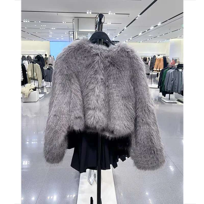Spring Women's Cardigan Round Neck Pocket Fur Coat Solid Loose Suede Jacket Streetwear Vintag Outerwear