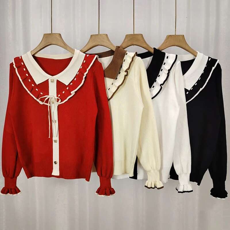 Women's Ruffled Long Sleeve Knitted Sweater Single Breasted Lapel Bowknot Tops