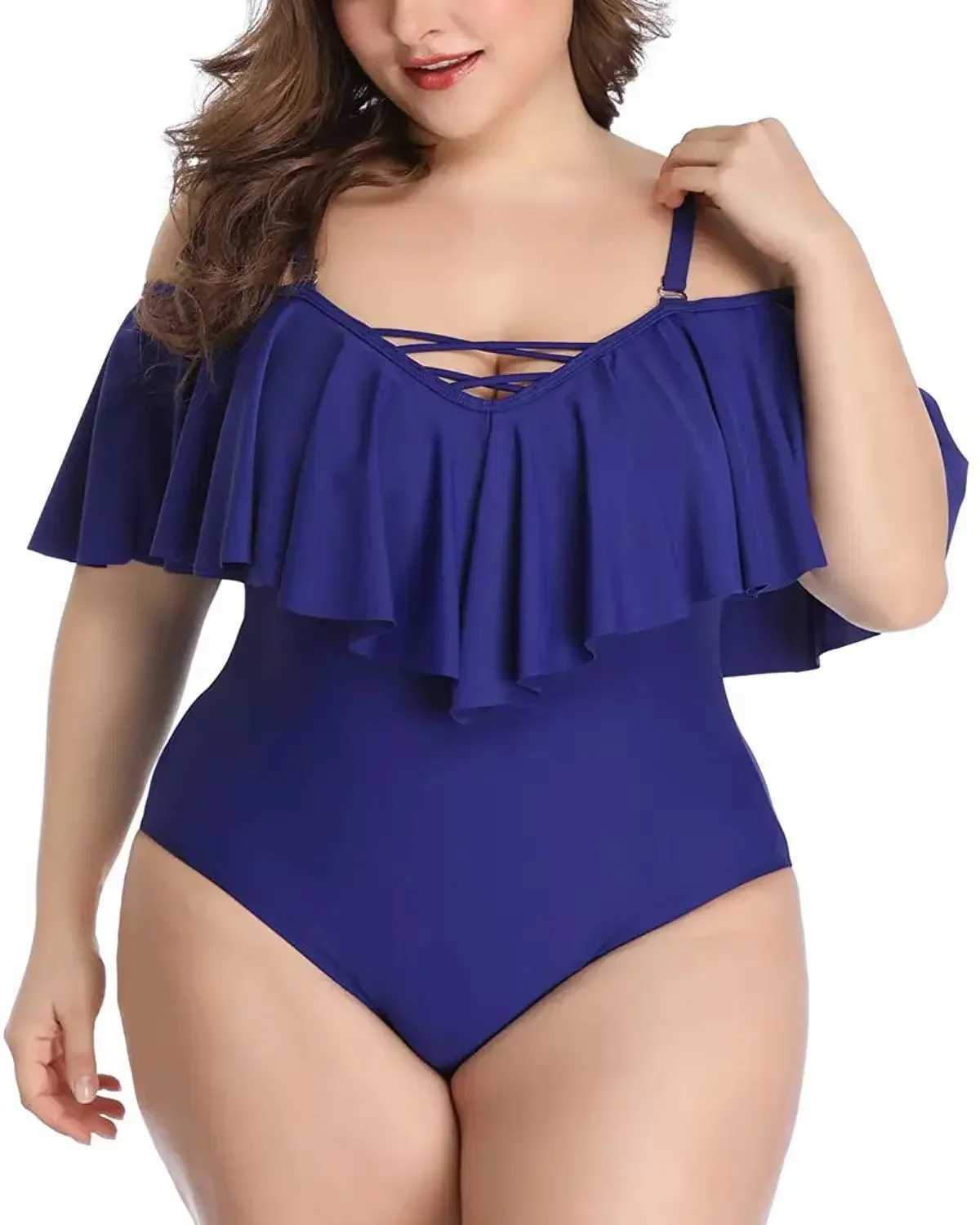Plus Size Swimwear Ruffd One Piece Swimsuit Women Shoulder Off Bathing Suit Large Size Monokini Bandage Swimsuit 2022 dropshipXJ240108