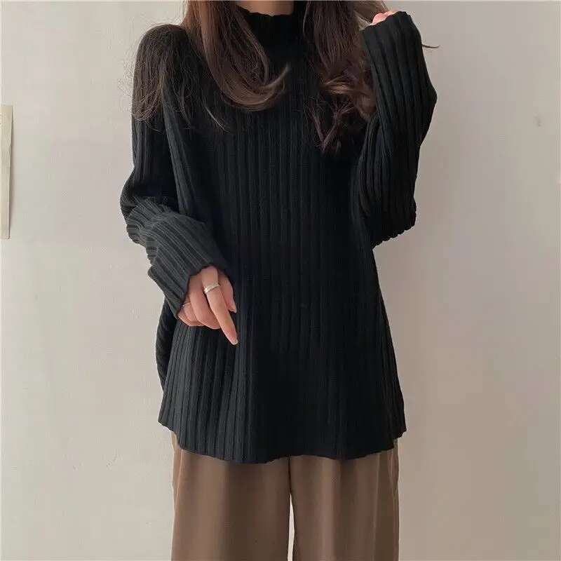 Half Turtleneck Sweater For Women Autumn Winter Korean Style Loose Bottoming Shirt Thickened Versatile Black Long-Sleeved Top