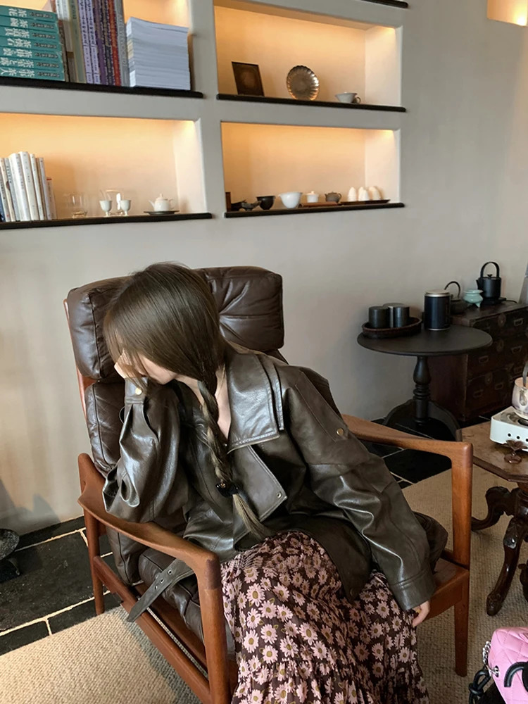 Lautaro Spring Cool Distressed Washed Brown Oversized Pu Leather Jacket Women Zippper y ner American Retro Clothing 250109