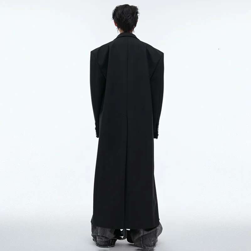 Original PU Leather Patchwork Design Men Trench Coat Padded Shoulder Personalized Fashion Male Windbreaker