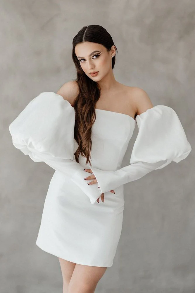 Princess Short Wedding Dress Women 2025 Off The Shoulder Strapless Long Sleeves Satin Simple Bridal Gown Vestido De Noiva Customized