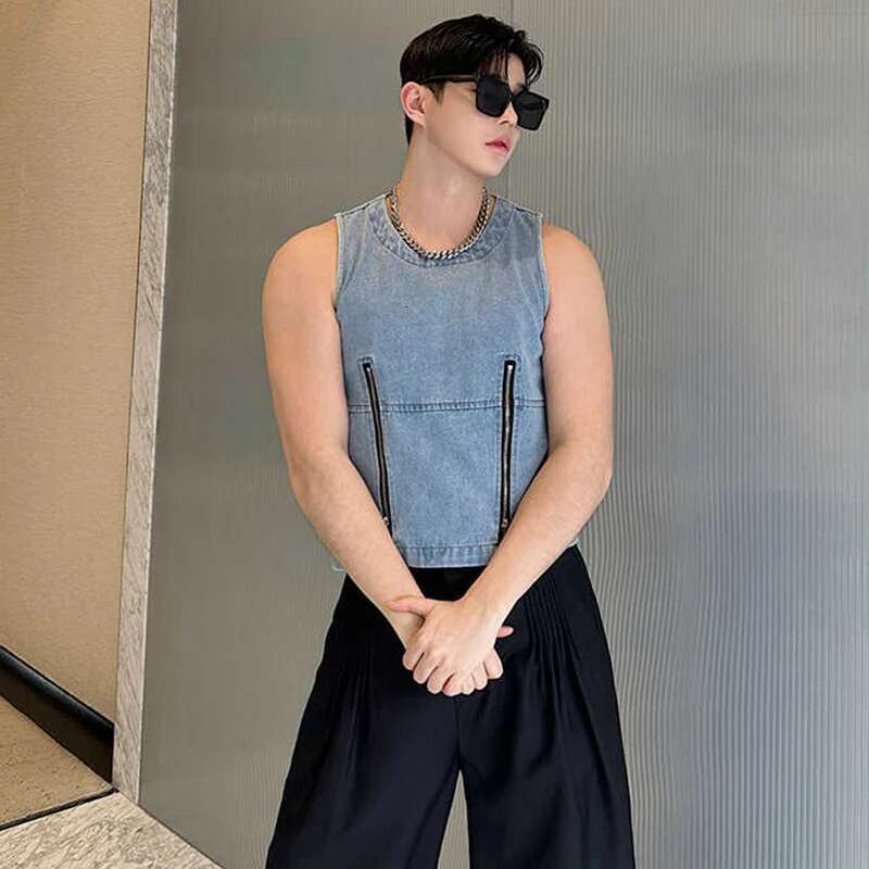 Zipper Splicing Design Fashion Denim Sleeveless Vests Personalized Trendy Street High Quality Men's Tank Tops