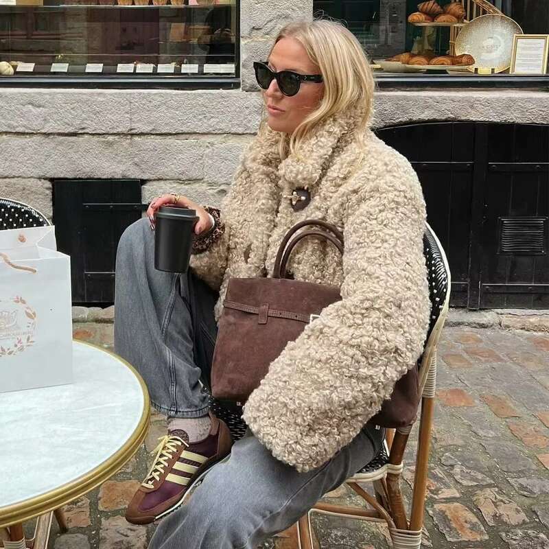 TRAF Cropped Plush Jacket Faux Sheepskin Demi-Season For Women Long Sleeve Jackets Woman 2024 Winter Coat Female