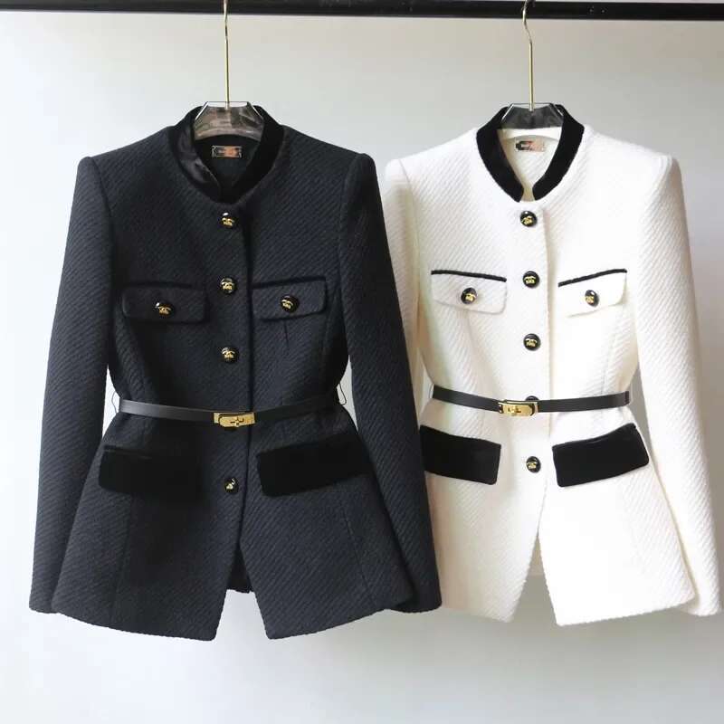 2024Autumn Winter New Woolen Mid-Long The Waist Fashion Coat Women Button Pure Colour Black Temperament Outerwear Female