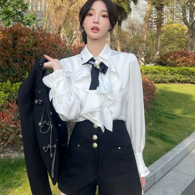 White Shirts Woman Lace Ruffles Blouses Sweet Female Peter Pan Coller Crop Long Sleeve Tops Preppy Ladies Temperament Q190 250109
