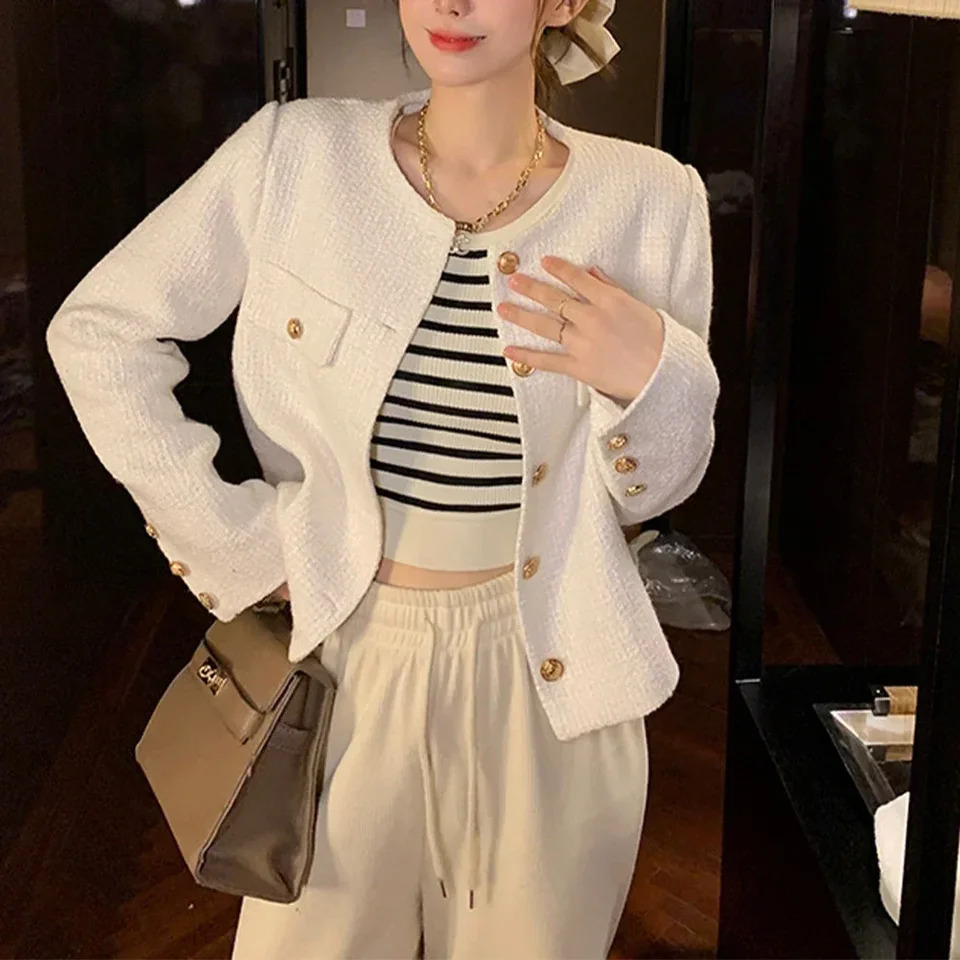 Cropped Tweed Jacket Women Vintage Aesthetic Korean Fashion Harajuku Chic-Elegant Jackets Autumn Winter Cardigan Coat 250109