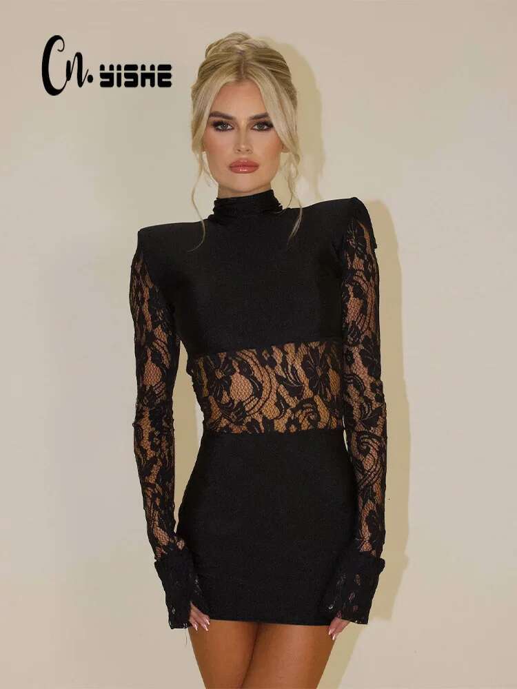 CNYISHE Patchwork Lace Hip Wrap Sheath High Collar Women Dresses Long Sleeve Sexy Club Fashion Bodycon Sheer Female Vestidos