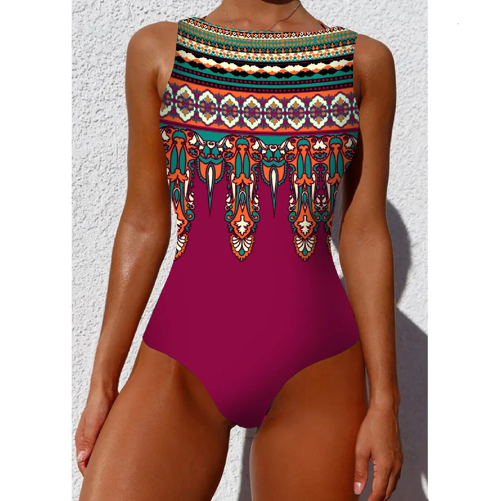 Printed One-piece Swimsuit Classic Printed Lace Up Swimsuit Womens Push Up Flower One-piece Suit Beach Wear For Female 250106