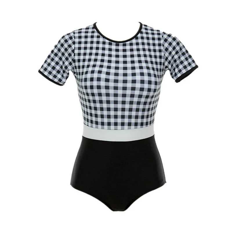 2023 new plaid one-piece swimsuit womens Japanese and Korean small fresh ss half-seved swimwearXJ240108