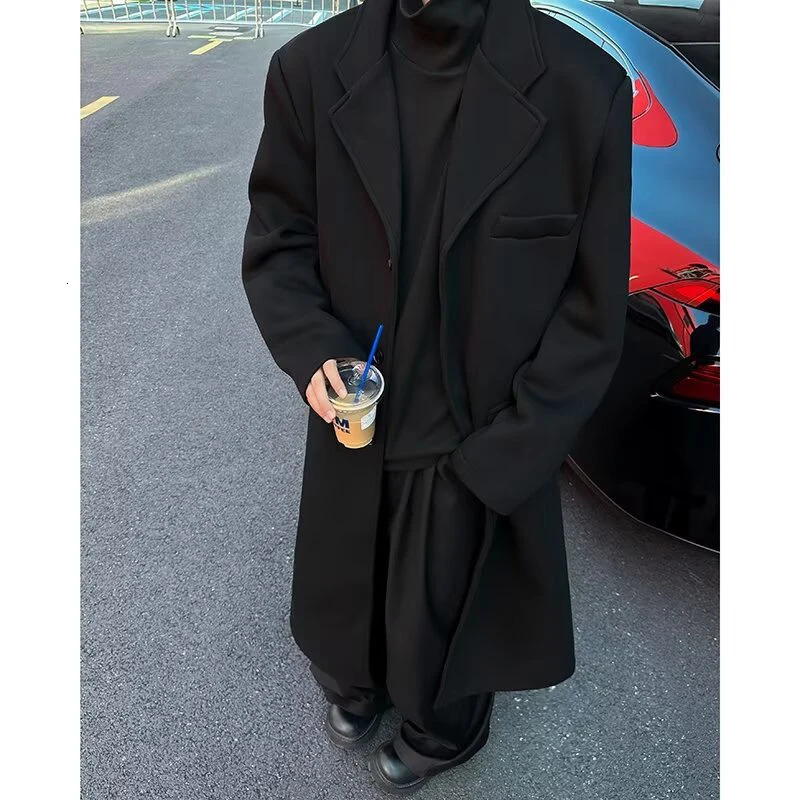 FEWQ Mid Long Woolen Coat Autumn Winter Mens Korean Fashion Loose Casual Versatile Over The Knee Male Trench 24E5306 250106