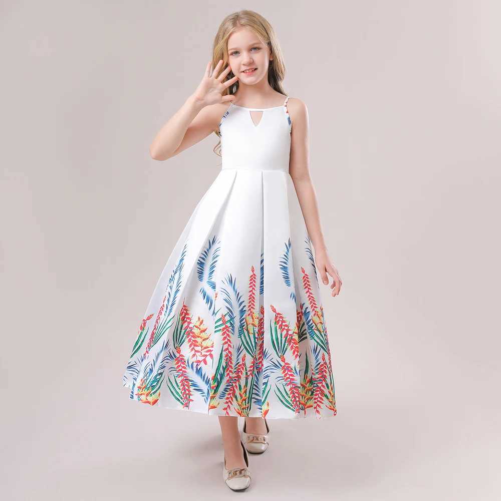Elegant Flower Par Dresses For Girls Children Summer Long Suspenders Print White Princess Dress Girl Wedding Ball Gown CostumeXJ250108