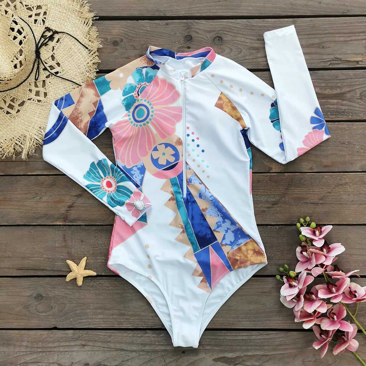 2024 New Print Long Seve One Piece Swimsuit Sexy Swimwear Women ss Beachwear Surf Bathing Suit Push Up Monokini FaXJ240108