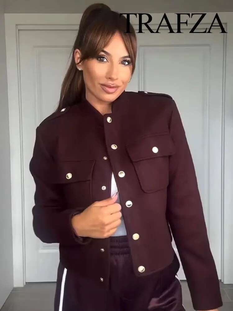 Women Vintage Wine Red Coat O Neck Long Sleeve Single Breasted Jacket With Pockets Autumn Casual Office Lady Outerwear
