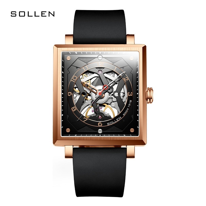 Fashionable SOLLEN Men's Square Skeleton Watch with Rubber Band
