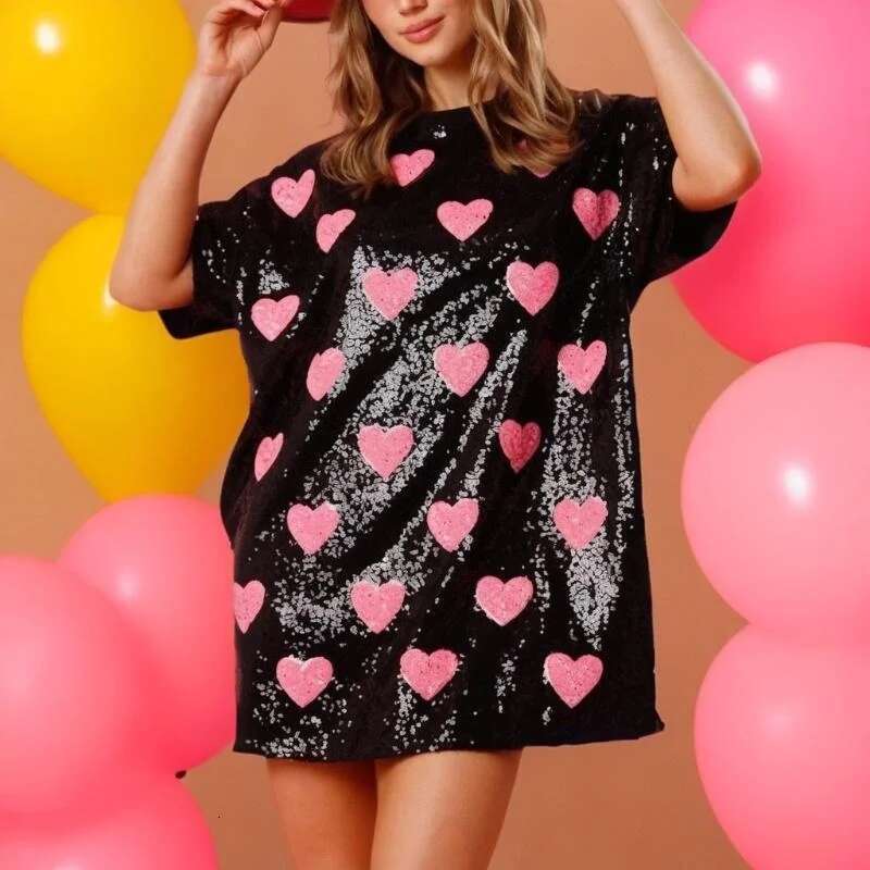Qing Y2k Party Women Valentines Day Sequins Heart Print Round Neck Half Sleeve Short Mini Dress Fashion Club Dresses