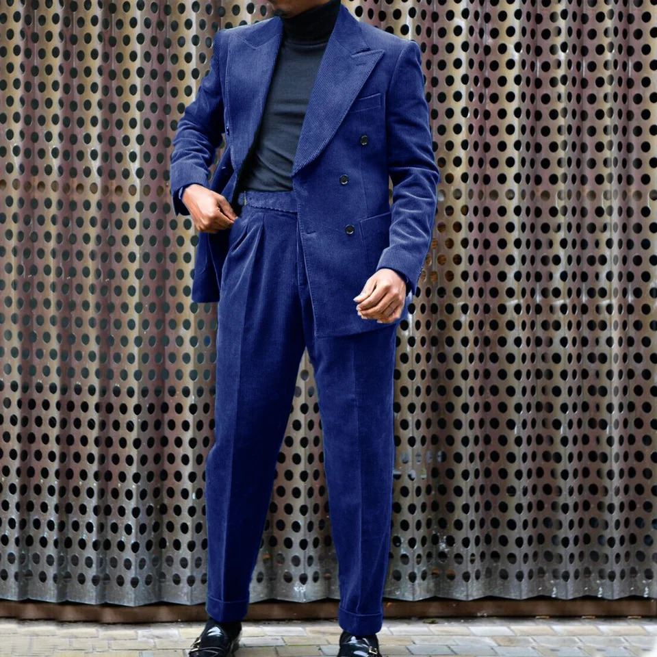 Mens Two Piece Suit Corduroy Double Breasted Slim Casual Elegant Suits for Wedding 2023 Man Jackets Costumes 250102