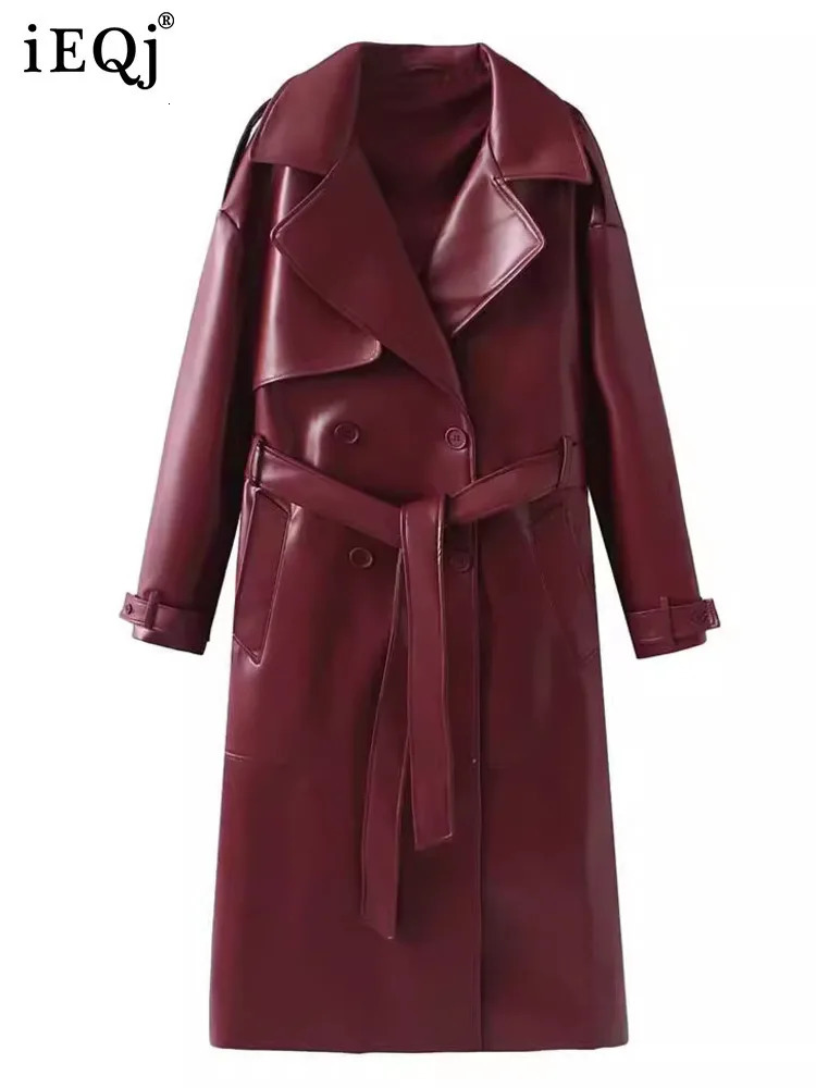 IEQJ Fashion Womens Pu Leather Trench Coat Lapel Long Sleeve Belt Solid Color Casual Windbreaker 2025 Autumn Jacket WM23 250103