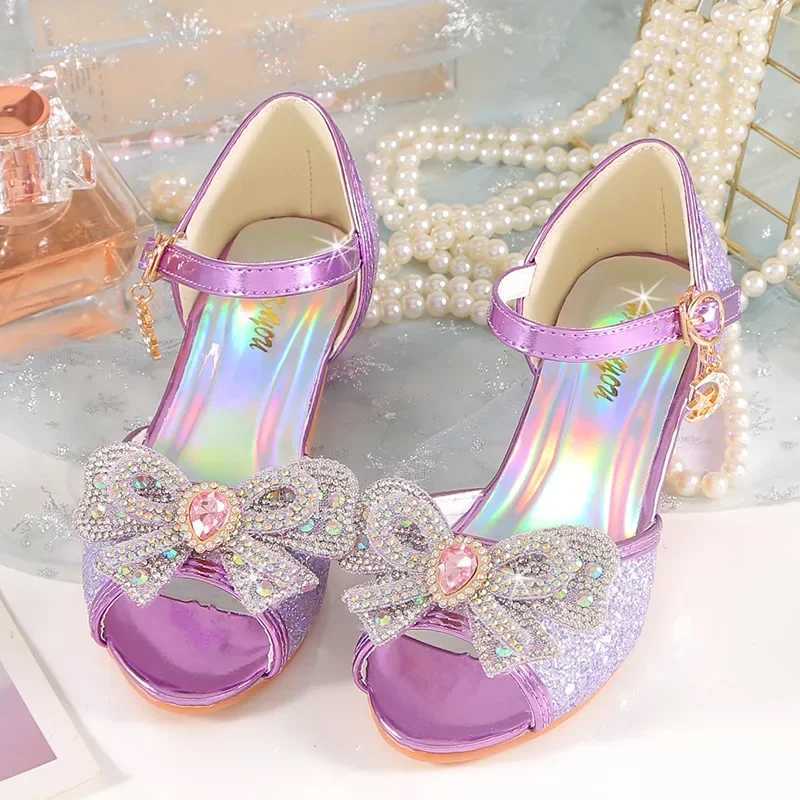 Summer girls sandals with heels fashionable rhinestones sparkling shoes childrens princess bow pearl dance shoes W250108