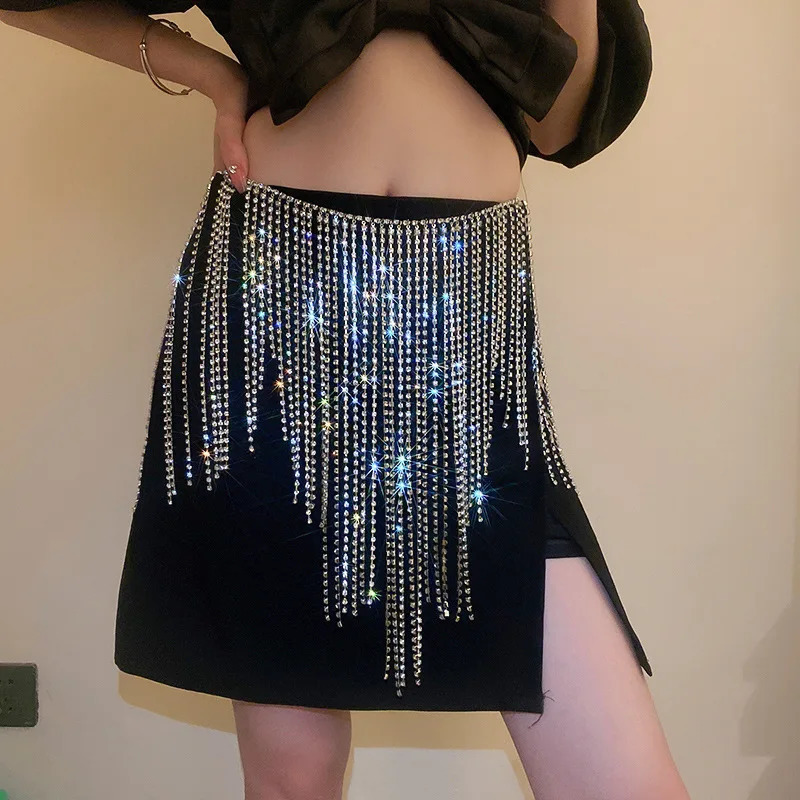Long Tassel Inlaid Rhinestone Belly Chains Exaggerated Body Chain Fashion Matching Skirts Waist Jewelry Women Wedding 250107