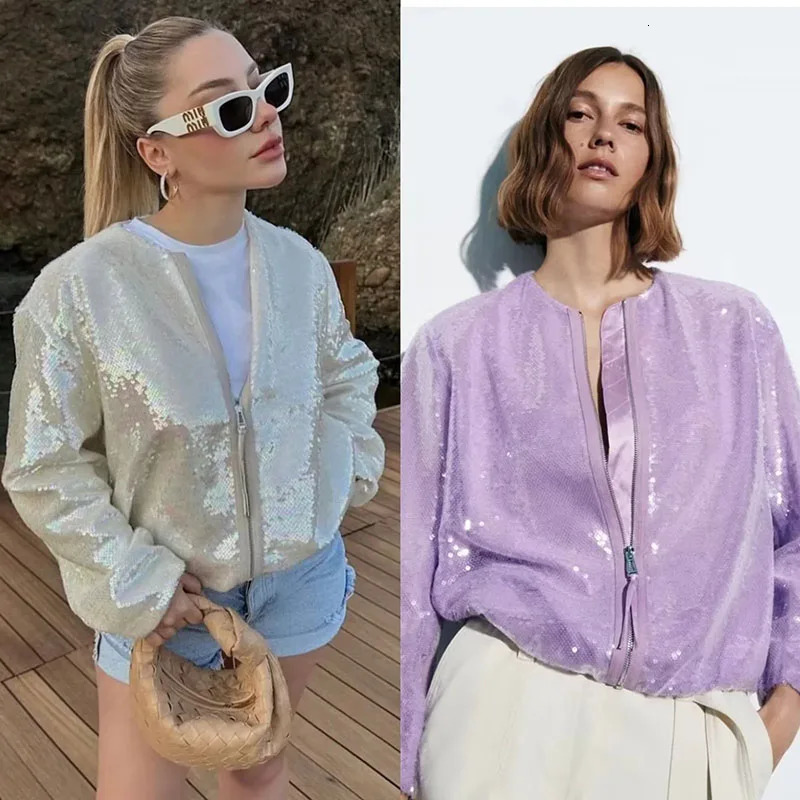 Xpqbb y Sequin Bomber Jackets Women Fashion Shiny Round Collar Zipper Baseball Coat Female Streetwear Y2K Sexy Outerwear 250109