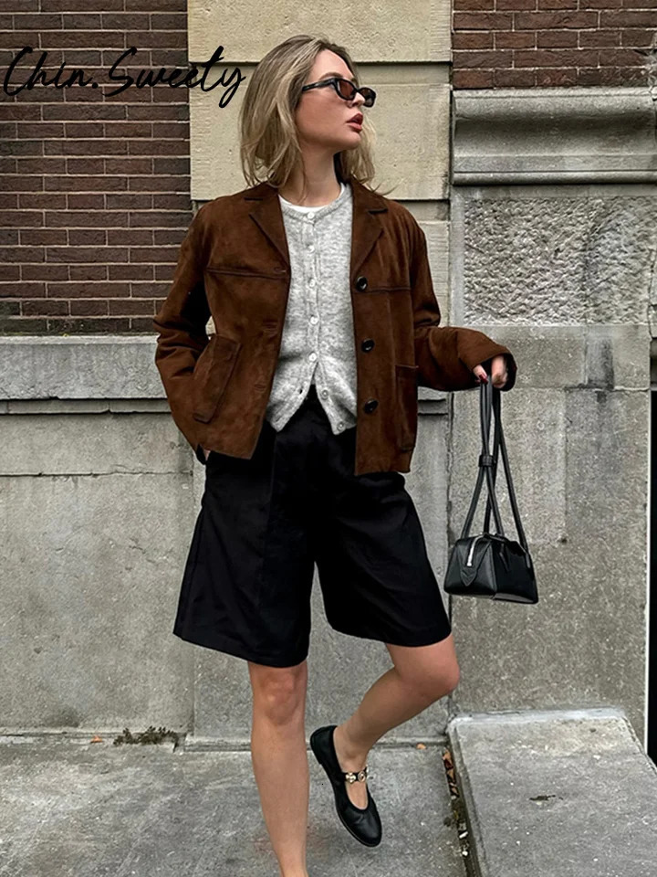Brown Suede Short Women Jacket Casual Long Sleeve Single Button Turndown Collar Female Coat 2024 Autumn Retro Lady Streetwear 250103