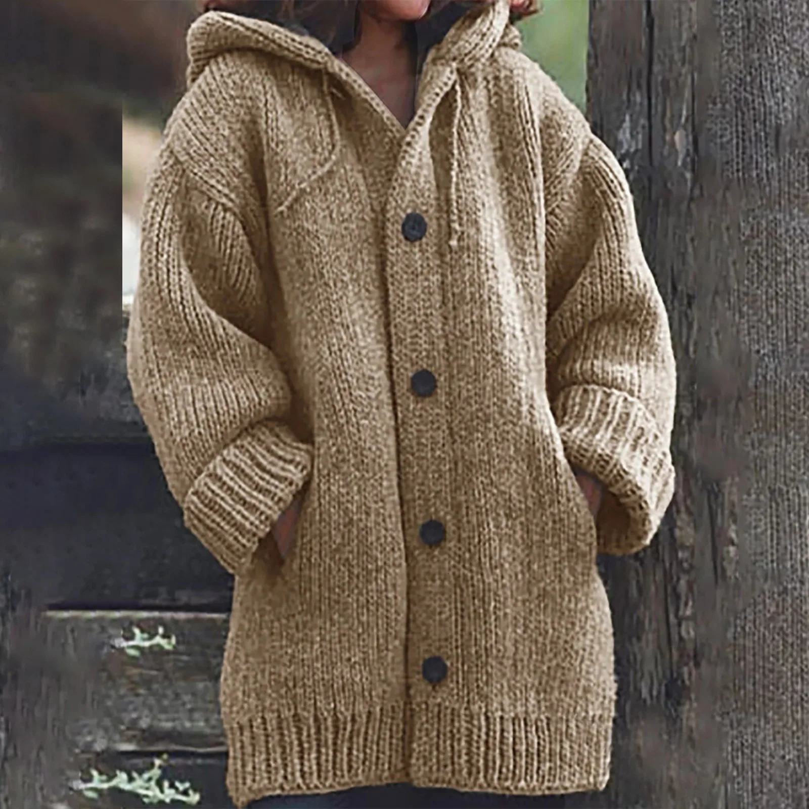 Solid color cardigan sweater for women plush and thick autumn and winter hooded and minimalist jacket Pocket Shawl for wome 250106