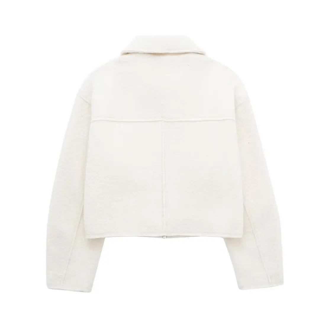 TRAF White Tweed Jacket Women Cropped Bomber Jackets for Long Sleeve Zipper Woman Autumn Streetwear Outerwears 250109