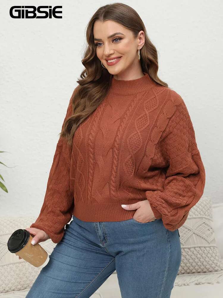 GIBSIE Plus Size Womens Short Sweaters Autumn Winter 2023 Causal Mock Neck Lantern Long Sleeve Pullover Knitted Sweater Tops