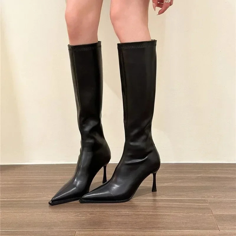 2024 Winter Womens Pointed Toe High Stiletto Heel Pleated Knee High Boots Womens Mid-Leg Comfortable Zapatos De Mujer 250106