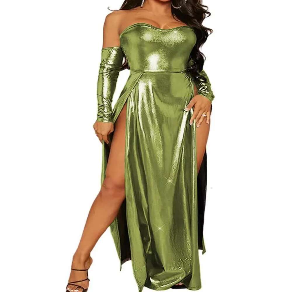Elegant Women Plus Size Sy Shiny Metallic Or-Length Dress Sexy Strapless Oversleeve High Split Evening Tail Gown