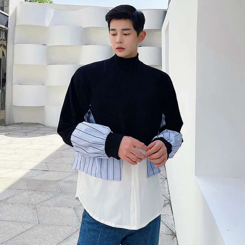 Stripe Color Contrast Patchwork Design Long Sleeve Fake Two Piece Men Autumn New Fashion Personality Sweater