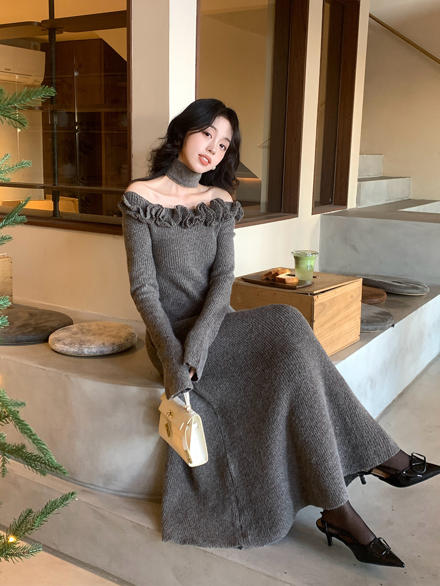 LW5835 Autumn and Winter Temperament Rose One-shoulder Neck Dress Slimming Wool Bottom Long Dress 2024