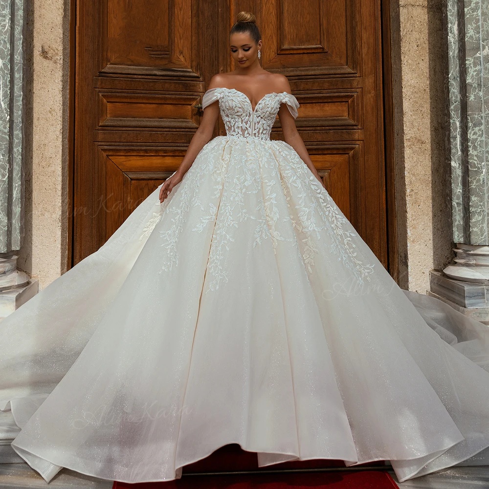 Ball Wedding Dress Off Shoulder Sleeveless Backless Bridal Gown Appliques Lace Sweep Train 2024 Customized Vestido De Novia