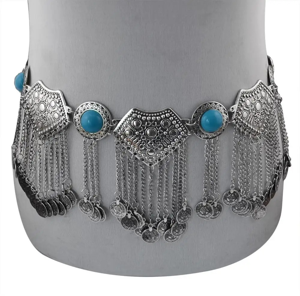 Vintage Gypsy Tribal Long Coin Tassel Ethnic Metal Waist Belly Chain Acrylic Gem Belts Turkish Afghan Dress Indian Body Jewelry 250107