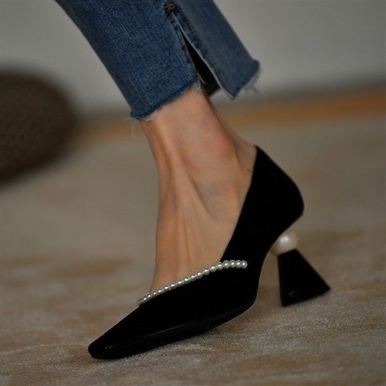 Women Dress Shoes High Heel Fashion French Retro Style Pearl Design Niche Triple Black Beige Free shipping