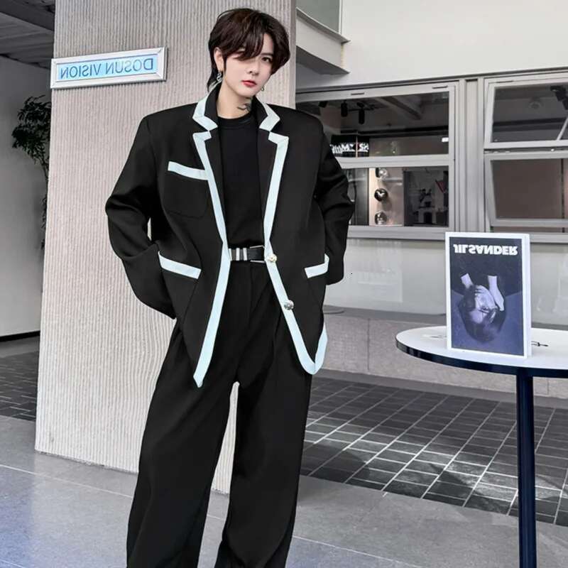 Patchwork Color Contrast Design Korean Suit Jackets Two-Piece Sets Elegant Trendy Handsome Straight Pants