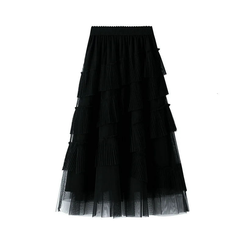 Spring Autumn Sweet Multi Layer Cake Tulle High Elastic Slanting Tiered Aline Female PartyPleated Long Mesh Skirts 250106
