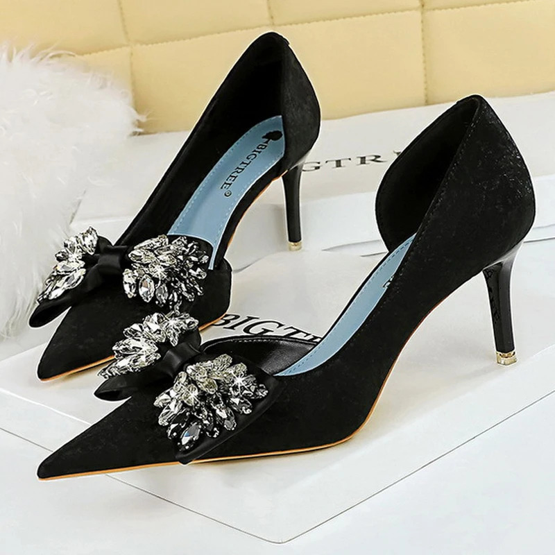 BIGTREE Shoes Rhinestone Bow Women Pumps Banquet Shoes Sexy High Heels Women Stilettos Party Shoes Large Size 41 42 43 250106